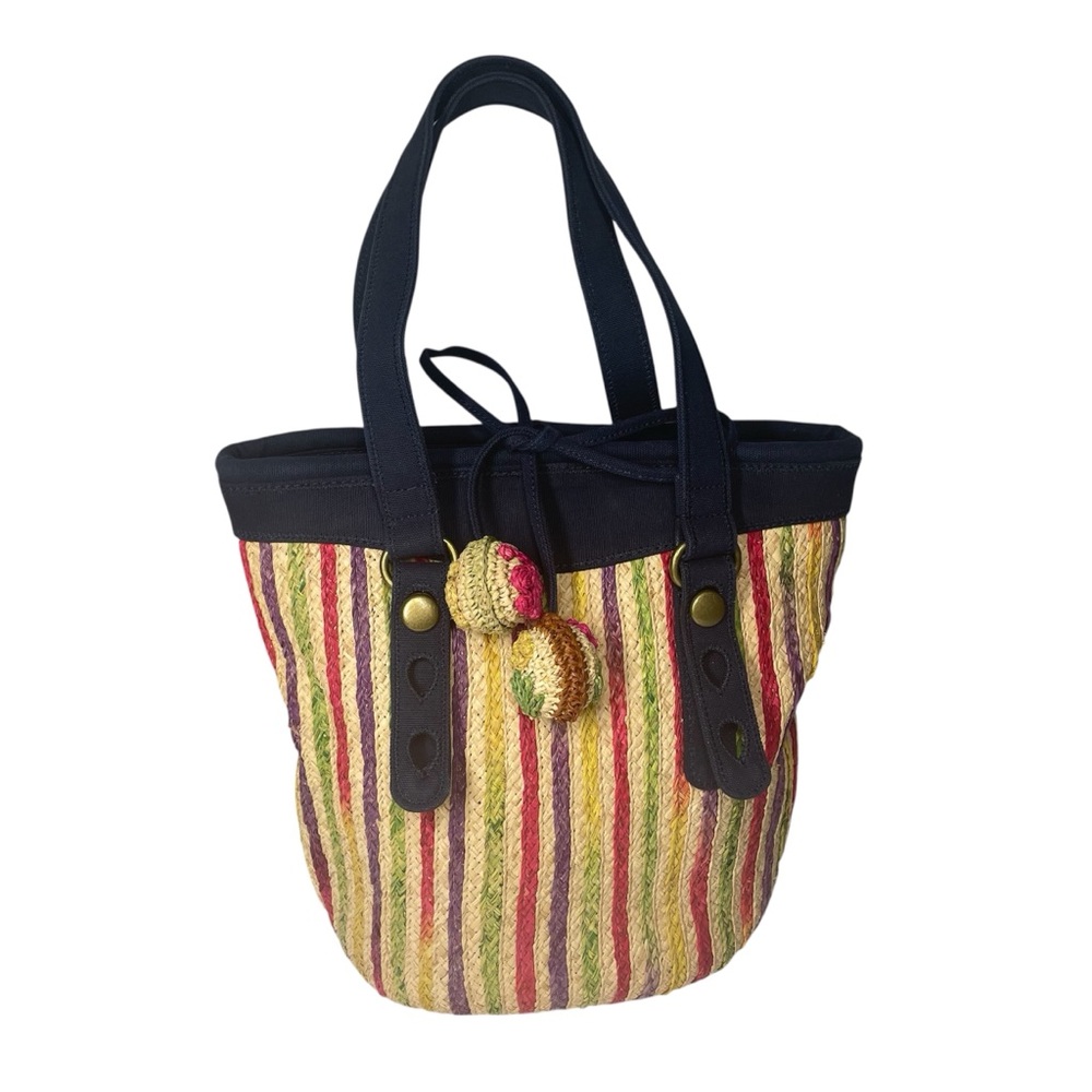 Lucky Brand Raffia Stripe Tassel Tote Bag Purse Handbag Navy blue Multi-color